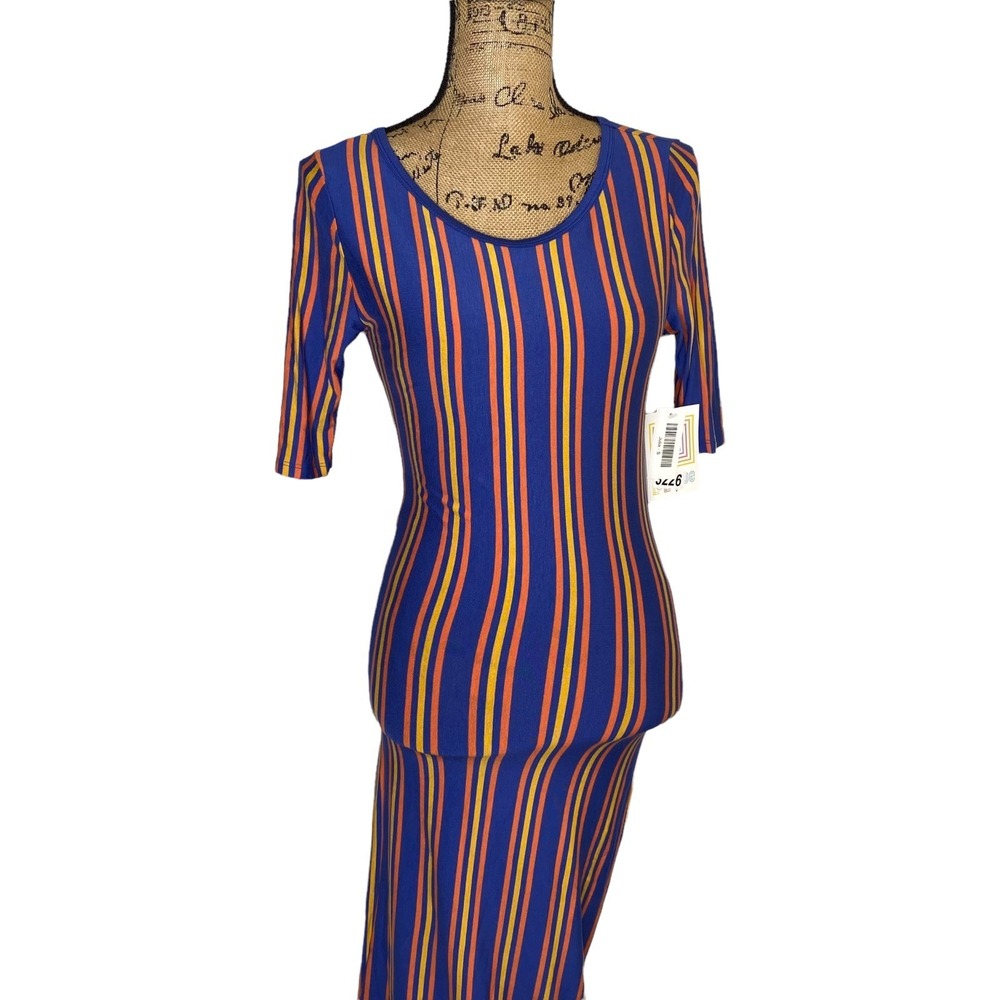 LuLaRoe Julia Dress Blue Orange Yellow Stripe Midi Sleeve Size S